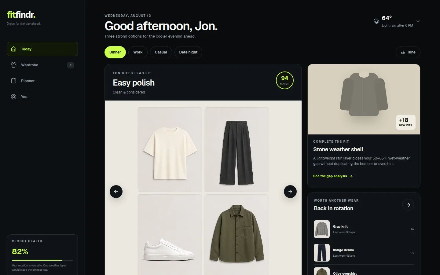FitFindr today view with a suggested outfit