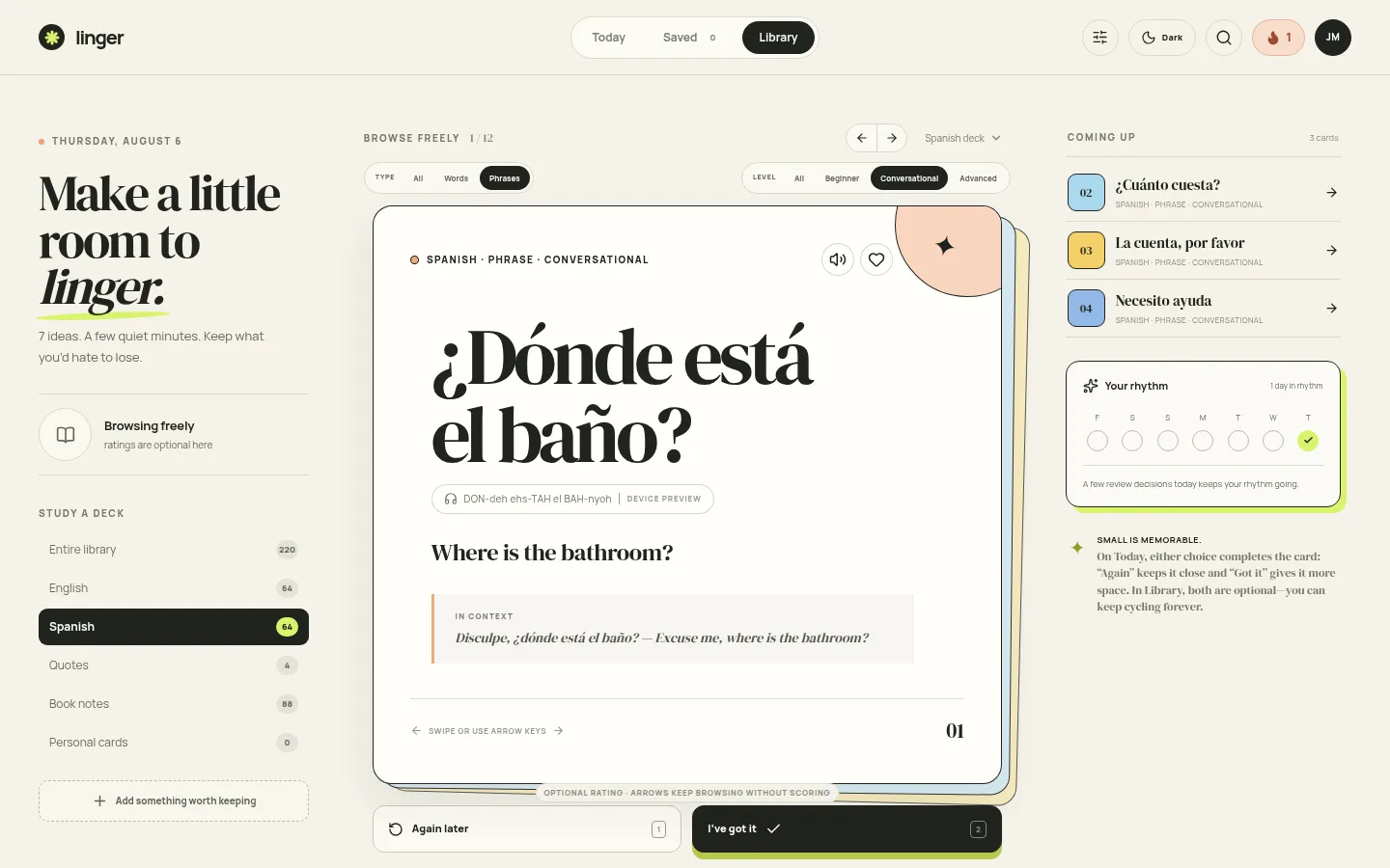 Linger Spanish phrase deck