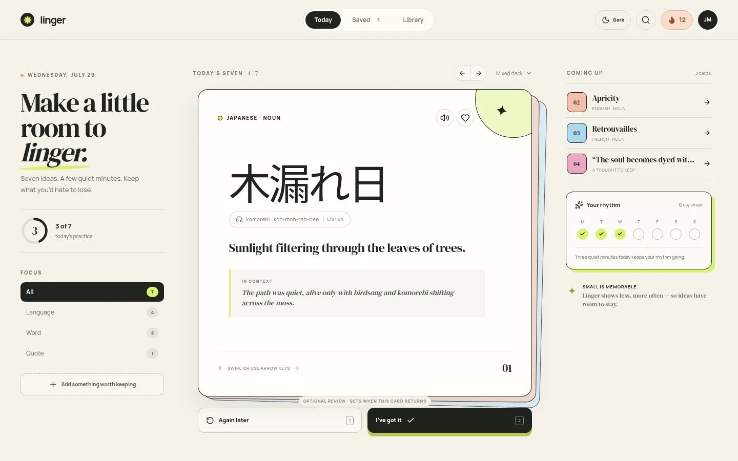 Linger today view with a Japanese vocabulary card